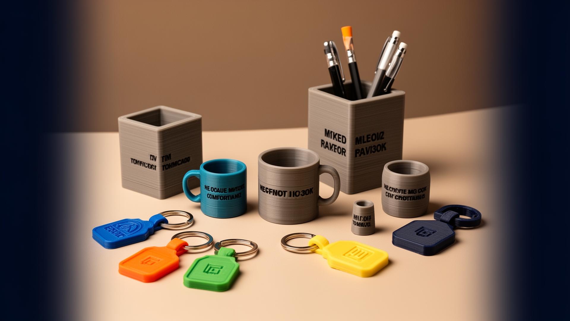 Brindes corporativos impressos em 3D — chaveiros, mini canecas e porta-lápis personalizados
