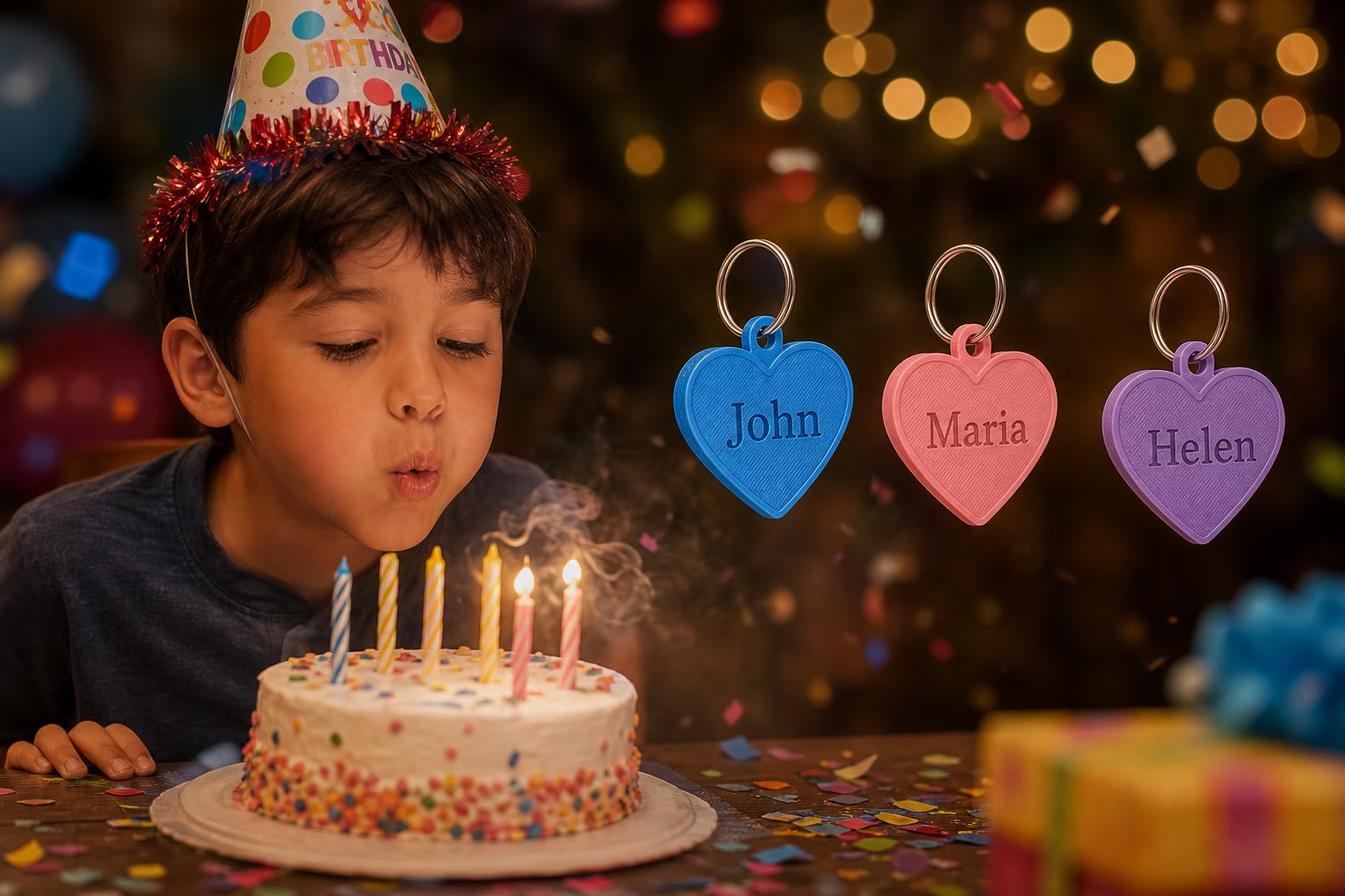 Criança com chapéu de aniversário a apagar velas de um bolo pequeno, ao lado de chaveiros 3D personalizados com o nome John e um coração